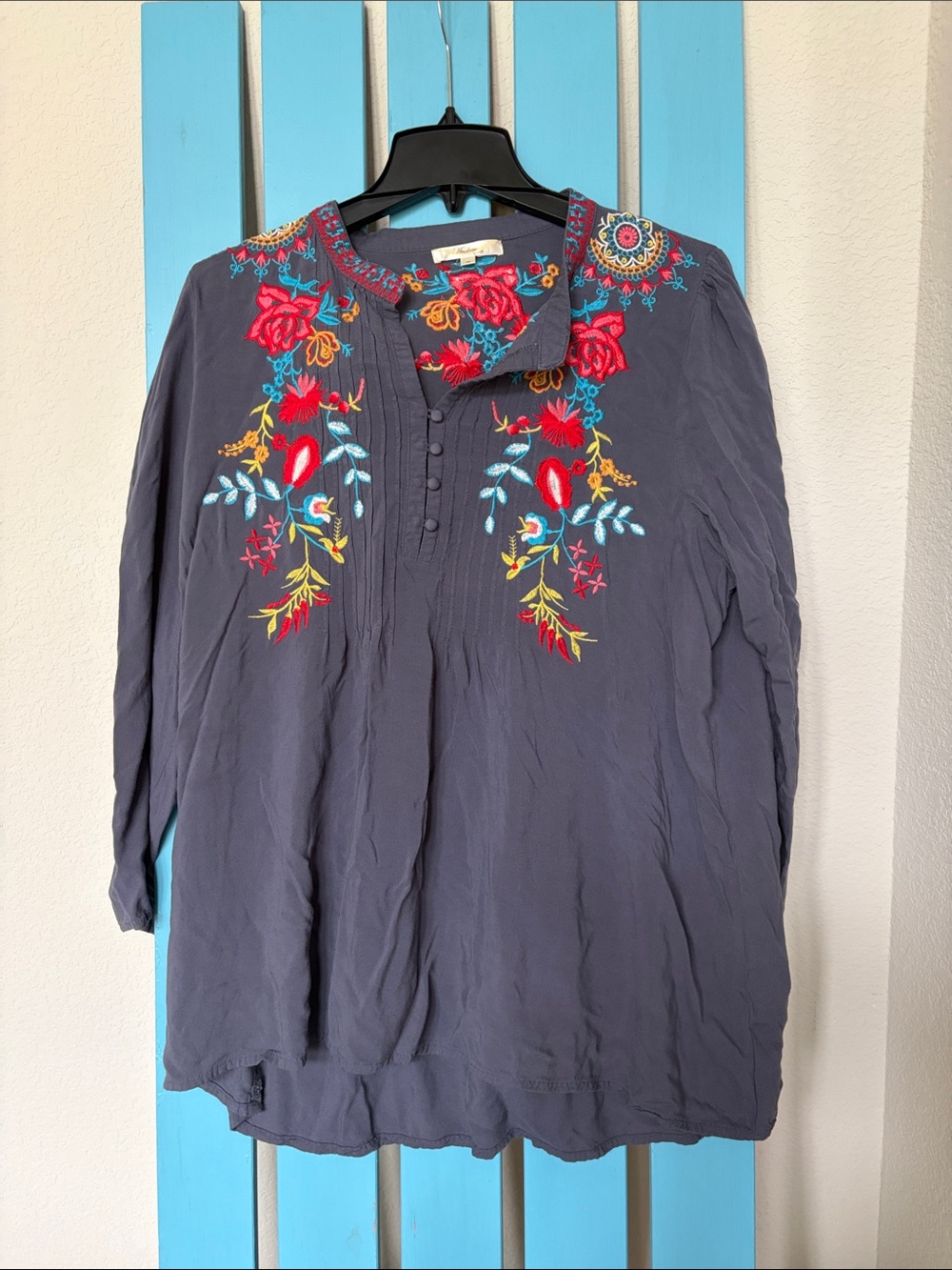 ANDREE BY UNIT Slate Blue Embroidered Floral Tunic